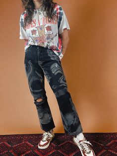 Reworked Reformation Marble Painted Black Wide Crop Jeans - 25" Black Graphic Print Bottoms For Fall, Black Grunge Graphic Print Bottoms, Alternative Style Distressed Black Bottoms, Alternative Black Distressed Bottoms, Alternative Distressed Black Bottoms, Black Distressed Jeans In Grunge Style, Black Distressed Grunge Jeans, Black Jeans With Graphic Print For Fall, Vintage Black Jeans For Streetwear