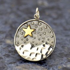 Sterling Silver Mountain Pendant with Bronze Star Star Gaze, Silver Mountain, Crescent Moon Pendant, Gold Moon, Beaded Skull, Themed Jewelry, Metal Clay, Metal Charm, Moon Pendant