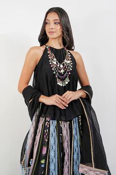 Black lehenga with floral stripe print and scallop lace embellishment. Paired with halter neck embroidered top and dupatta. - Aza Fashions Summer Lehenga, Lehenga Pattern, Black Lehenga, Scalloped Lace, Floral Stripe, Summer Floral, Embroidered Top, Set For Women, Aza Fashion