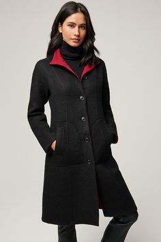 Simple, sophisticated, and versatile, the Selma coat makes the perfect companion on a dinner date or trip to the museum. Made of a super-soft, resilient blend of Merino wool and baby alpaca, this coat features flattering princess seams, contemporary patch pockets, and a stand-up collar. Best of all, it's reversible, giving you two coats in one. Elegant Outerwear With Button Closure For Layering, Elegant Black Cashmere Outerwear, Elegant Merino Wool Outerwear For Winter, Luxury Merino Wool Outerwear For Fall, Elegant Merino Wool Outerwear For Fall, Elegant Merino Wool Sweater Coat For Fall, Chic Merino Wool Outerwear For Work, Elegant Black Merino Wool Outerwear, Elegant Black Wool Sweater Coat