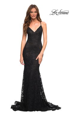 Long Open-Back La Femme Lace Prom Dress - PromGirl Black Grad Dress, Fitted Lace Dress, Designer Formal Dresses, Prom Dress Inspo, Black Wedding Dress, Prom Dresses Long Lace, Graduation Gown, Prom Inspo, Prom Dress Stores