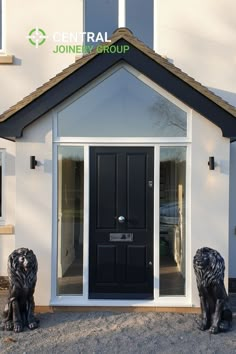 Bespoke joinery door designs and ideas. Black wooden front door with glass. Porch Ideas Entrance Uk, Enclosed Portico, Porch Front Of House, Porch Ideas Entrance, Big House Ideas, External Bifold Doors, Small Conservatory, Pebble Dash