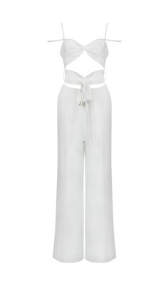 CUTOUT SLEEVELESS JUMPSUIT IN WHITE White Strapless Jumpsuit For Summer Nights, White Strapless Jumpsuit For Night Out In Summer, Elegant Solid Strapless Jumpsuit For Beach, Elegant Sleeveless Strapless Jumpsuit For Beach, Elegant Solid Color Summer Jumpsuits And Rompers, White Casual Strapless Jumpsuit For Party, Chic Halter Neck Jumpsuit For Day Out, Casual Cutout Jumpsuits And Rompers For Spring, Casual Spring Jumpsuits And Rompers With Cutout