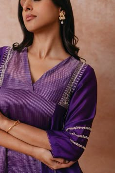 Shop for Label Mansi Nagdev Purple Maryam Chanderi A-line Kurta Set for Women Online at Aza Fashions Plain Kurti Designs, Woven Embroidery, Sheer Dupatta, Women Kurta, Kurta Set For Women, Simple Kurta Designs, Designer Kurti Patterns, Simple Kurti Designs, Neck Designs For Suits