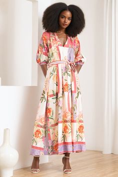 FINAL SALE! Embrace the essence of spring with our sophisticated linen wrap dress, featuring a charming vintage floral and border print. Perfectly tailored for a seamless transition from desk to date, this dress boasts a flattering silhouette that complements every figure. Experience elegance and versatility wrapped into one, making it the quintessential choice for both workday sophistication and evening allure. LENGTH: 54 1/2" from top of shoulder FABRICATION: 100% Linen STYLE#. DR-21294 MAYFAI Brunch Floral Print Linen Midi Dress, Multicolor Linen Floral Print Dress, Multicolor Linen Dress With Floral Print, Multicolor Floral Linen Dress, Multicolor Linen Spring Dress, Spring Multicolor Linen Dress, Linen Wrap Dress, Seamless Transition, Daytime Dresses