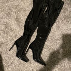 Never Worn Boots Black Patent Leather Thigh High Boots Fitted Black Knee-high Boots For Night Out, Leather Thigh Boots, Worn Boots, Leather Thigh High Boots, Women Platform Shoes, Thigh Boots, Thigh Boot, Thigh High Boots, Black Patent Leather