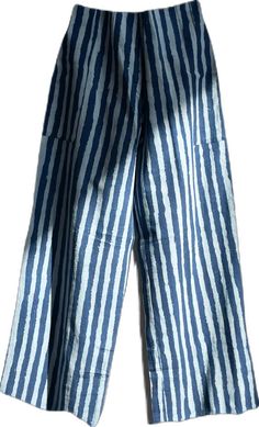 Indigo Cotton Pants For Summer, Summer Cotton Pants In Indigo, Summer Indigo Cotton Pants, Striped Cotton Wide Leg Pants, Indigo Wide-leg Pants With Pockets, Indigo Summer Pants With Pockets, Summer Indigo Pants With Pockets, Indigo Wide Leg Cotton Pants, Striped Cotton Wide Leg Ankle-length Pants