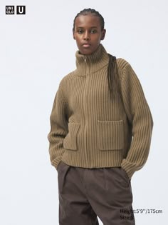 Lambswool Blend Zip-Up Jacket | UNIQLO US Uniqlo Store, Styling Ideas, Helmut Lang, Zip Jacket, High Collar, Uniqlo, Online Purchase, Zip Up, Ribbed Knit