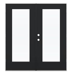 a black double door with two glass panels