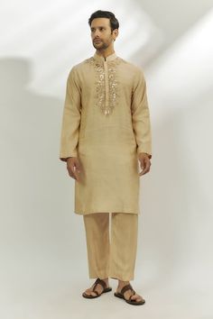 Beige kurta with zardozi and marodi work gold thread embroidery. Paired with a matching straight pant. - Aza Fashions Marodi Work, Kurta Embroidery, Beige Kurta, Gold Thread Embroidery, Sara Ali Khan, Madhuri Dixit, Luxury Sale, Shraddha Kapoor, Thread Embroidery