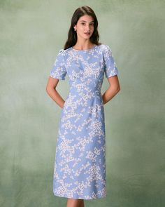 Round Neck Dresses, Dress Silhouette, Blue Midi Dress, Types Of Dresses, Floral Midi Dress, Sleeves Pattern, Dress Patterns, Daily Fashion, Shades Of Blue