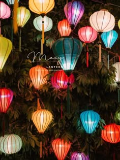 many colorful lanterns are lit up in the dark