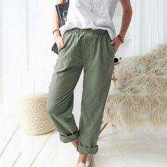 QLEICOM Womens Slacks Women Wrinkle Free Relaxed Fit Straight Leg Pants Solid Pockets Elastic Waist Comfortable Straight Pants Work Cargo Casual Pants Wide Leg Pants Relaxed Fit Trousers Size: 3XL.  Color: Green.  Gender: female.  Age Group: adult. Casual Chique Stijl, Cotton Casual Pants, Basic Fits, Weave Style, Styl Boho, Linen Style, Summer Pants, Straight Trousers, Straight Leg Trousers