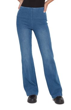 Slimming lines and a comfortable high waist create a streamlined look in wide-leg trousers cut from stretch-cotton denim. 33" inseam; 10" leg opening; 10 1/2" front rise; 13 1/2" back rise Side zip closure Back welt pockets 95% cotton, 5% spandex Machine wash, line dry Imported Hosiery Chic Flare Denim Pants, Trendy Stretch Wide-leg Jeans, Dark Wash Stretch Wide Leg Flare Jeans, Modern Full-length Bottoms In Medium Wash, Modern Medium Wash Full Length Bottoms, Modern Full-length Medium Wash Bottoms, Modern Full Length Medium Wash Bottoms, Modern Denim Blue Full-length Bottoms, Dark Wash Flare Pants For Work