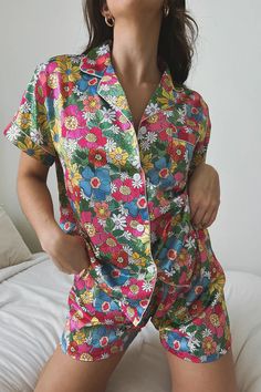 Flowerland Custom Satin Pajamas – Spikes and Seams Spring Printed Sleepwear For Pajama Party, Printed Sleepwear For Pajama Party In Spring, Printed Sleepwear For Spring Pajama Party, Spring Printed Sleepover Sets, Printed Sets For Spring Sleepover, Spring Printed Sets For Sleepovers, Printed Sets For Spring Sleepovers, Summer Bedtime Stretch Sets, Summer Stretch Sleepwear Sets For Bedtime