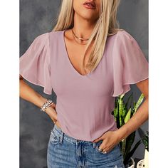 Pink Ribbed Ruffle Sleeve V Neck T-shirt Pink Ribbed, T Shirt Women, Women Tops, Apricot, Neck T Shirt, V Neck T Shirt, Tops & Tees, Womens Tops, V Neck