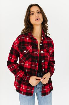 red plaid // collared, working buttons, long sleeves, pockets paired with our milo ribbed bodysuit + high kick denim in medium wash + vance double tab chelsea boot model is 5'9" + wearing a small measurements are approximate + taken while laying flat small : bust 44” length 27.5” medium : bust 46” length 28” large : bust 48" length 28.5" more fit + fabric info : polyester // fabric has no stretch // relaxed fit Trendy Button-up Flannel Shirt For Fall, Trendy Fall Flannel Button-up Shirt, Trendy Fall Button-up Flannel Shirt, Long Sleeve Flannel Shirt With Snap Buttons For Fall, Trendy Fall Flannel Shirt With Pockets, Spring Flannel Button-up Outerwear, Spring Button-up Flannel Outerwear, Trendy Collared Flannel Shirt For Fall, Trendy Relaxed Fit Flannel Shirt For Fall