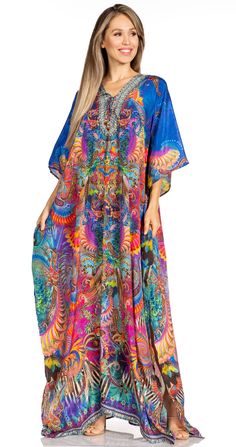 Sakkas Yeni Women's Short Sleeve V-neck Summer Floral Long Caftan Dress Cover-up#color_524 Long Caftan Dress, Fashion Swimwear, Type One, Caftan Dress, Swimwear Cover, Dress Cover, Female Fashion, Summer Floral, Cover Up Dress