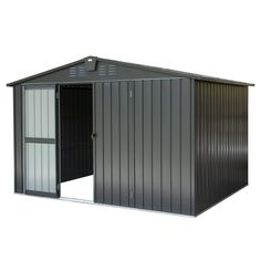 a metal shed with the door open on a white background, it is isolated from the side