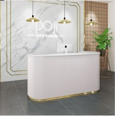 the front desk of a nail salon with marble walls and gold trimmings on it