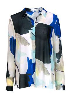 Current Boutique-Reiss - Cream, Black & Blue Printed Sheer Button-Up Blouse Sz 8 Multicolor Abstract Print Shirt For Work, Modern Blue Long Sleeve Blouse, Modern Long Sleeve Blue Blouse, Trendy Multicolor Tops For Office, Trendy Multicolor Office Tops, Modern Multicolor Tops For Work, Multicolor Graphic Print Shirt For Work, Multicolor Summer Tops For Office, Trendy Blue Abstract Print Top