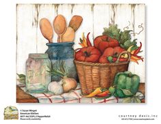 a painting of vegetables and utensils on a table