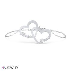 The perfect gift for yourself or someone special, the Interlocked in Love Name Bracelet features two cutout hearts interwoven to form an adorable charm. Personalize it by adding your name and that of someone special and complete it with sterling silver, white or yellow gold. It's a heartfelt gift, ready to give for any occasion! Silver Sterling Silver Name Bracelet For Promise, White Gold Heart Bracelet For Anniversary And Mother's Day, White Gold Double Heart Bracelet For Valentine's Day, White Gold Double Heart Bracelets For Anniversary, Silver Double Heart Bracelet For Anniversary, Sterling Silver Double Heart Bracelets, Silver Heart Bracelet For Promise On Mother's Day, Silver Heart Bracelet For Mother's Day Promise, Personalized Sterling Silver Heart Bracelet For Mother's Day