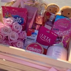 a basket filled with lots of pink items