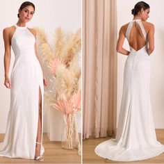 two pictures of a woman in a white dress and one is wearing a high slit back gown