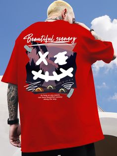 Red Casual Collar Half Sleeve Fabric Cartoon,Slogan  Embellished Slight Stretch  Men Tops Red Tshirt Design Ideas, Serigrafia Ideas, Lightning Tattoo, Japanese Tshirt, Tshirt Design Men, Concept Clothing