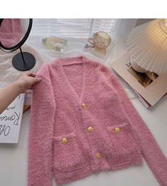 Style: commuting Size: one size Color: blue, black, white, pink Autumn 2022, Short Cardigan, Loose Top, Lace Top Long Sleeve, Mohair Sweater, Black White Pink, Loose Tops, Fall Sweaters, Spring And Autumn