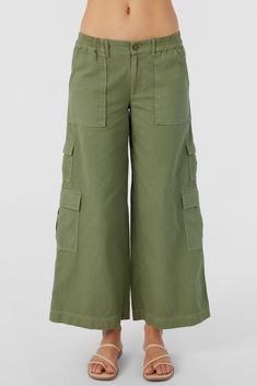 Effortlessly stylish woven cargo pant that features a relaxed fit design and solid color wash. O'Neill Women's woven cargo pant 28" Inseam 10 1/4" Rise Cargo pockets at side Welt pockets at back Solid color wash 100% Cotton Twill Green Wide Leg Cargo Jeans For Workwear, Spring Utility Cargo Jeans In Khaki, Green Utility Style Wide Leg Pants With Pockets, Green Utility Wide Leg Pants With Pockets, Utility Green Wide Leg Pants With Pockets, Spring Khaki Cargo Jeans With Side Pockets, Khaki Utility Cargo Jeans For Spring, Khaki Wide Leg Utility Pants, Green Wide Leg Cargo Pants Relaxed Fit