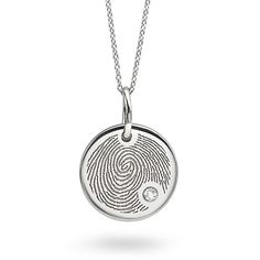 Our Fingerprint engraved necklace features a dazzling flush set diamond. The pendant measures 15mm in diameter and is in luxurious 9ct White Gold. We include a 16 - 18 inch adjustable chain--presented in our branded Serendipity Diamonds presentation box. Each pendant has a 2mm (0.03cts) flush set diamond graded G-H colour and SI clarity. We can engrave on the reverse diamond with an additional date or wording of your choice. Just contact us for more help on this or any of our designs. We will se Engraved Diamond White Pendant Necklace, Engraved Sterling Silver Diamond Necklace For Formal Occasions, Diamond White Engraved Pendant Necklace, Etched White Gold Round Pendant Necklace, Formal Engraved Sterling Silver Diamond Necklace, White Gold Etched Round Pendant Necklace, Engraved Silver Diamond Pendant Necklace, Silver Engraved Diamond Pendant Necklace, Engraved White Gold Round Necklace