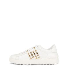 Goldtone pyramid studs add a flash of signature glamour to a lace-up sneaker that instantly elevates your street-style game.Lace up frontIncludes additonal white lacesPlatinum-fish studsSpecial label with the number 11 on tongueWhite rubber sole with rubber studs detail on the back.Composition: White leather (Calf)Rubber sole measures approximately 25mm/ 1 inchMade in Italy Luxury Studded Platform Sneakers With White Sole, Luxury Low-top Platform Sneakers With Studded Outsoles, Casual Low-top Sneakers With Rivets, Casual Sneakers With Rivets, Casual Studded Lace-up Sneakers, Studded Lace-up Sneakers For Streetwear, White Low-top Sneakers With Spikes, Designer Lace-up Sneakers With Spikes, Luxury Studded Lace-up Sneakers