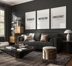 a living room filled with furniture and pictures on the wall above it's coffee table