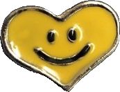 a yellow heart shaped pin with a smiley face