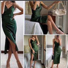 Viscose Chic Satin Evening Dress For Spring, Zara Formal Dressy Midi Dress, Zara Knee-length Evening Dresses, Elegant Green Evening Dress For Date Night, Elegant Zara Maxi Dress For Date Night, Casual Sheath Maxi Dress For Party, Spring Satin Evening Dress For Date Night, Casual V-neck Slip Dress For Evening, Satin Evening Dress For Spring Date Night