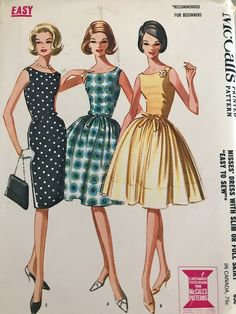 Sleeveless, scooped neck dress with slim three-gore skirt or gathered four-gore skirt. Sheer overskirt may be included in waistline seam with gathered skirt. Slim skirt has gathers at side front, back pleat. Center back zipper closing. Buckled belt, tie belt or purchased belt may be used. Size: 10 Bust: 31 The pattern is complete and uncut with instructions. Factory folded. The envelope is in good condition. Vintage Fashion 1960s Retro, Full Skirt Dress Pattern, Skirt Dress Pattern, Gore Skirt, Style Dress Patterns, Summer Dress Sewing Patterns, Mccalls Patterns Dress, Vintage Fashion 1960s, Fashion 1960s