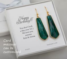 A pair of tie-shaped natural emerald stones set in a gold plated bezel:1. Stone : emerald (natural gemstone)2. Stone size: 42 x 15 mm in tie shape3. earring total length ~ 60 mm4. bezel material: gold plated5. earring hook: gold plated6. an optional custom jewelry card printed with your own message, if you are sending these as a gift.Earrings of other stones/in other colors are available. Please browse my other earring listings or send you inquiry. Elegant Gemstone Jewelry For Birthday Gift, Elegant Green Earrings For Mother's Day, Elegant May Birthstone Jewelry For Birthday Gift, Elegant May Birthstone Jewelry For Birthday, Green Drop Earrings For Birthday, Gold Emerald Earrings For Gift, Green Gemstone Jewelry For Birthday Gift, Elegant Gemstone Jewelry For Birthday, Green Birthstone Jewelry For Party