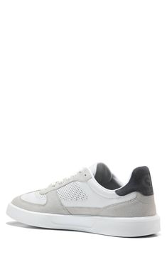 Tiny perforations bring breathable comfort to a sporty lace-up sneaker with rich suede overlays. Leather upper/textile lining/rubber sole Imported Modern Gray Sneakers With Laces, Sporty Gray High-top Sneakers With Contrast Sole, Gray Lace-up Running Shoes With Contrast Sole, White Mesh Sneakers With Perforated Toe Box, Gray Sneakers With Contrast Sole For Jogging, Gray Sneakers For Jogging With Contrast Sole, Gray High-top Sneakers With Perforated Toe Box For Sports, Gray Low-top Sneakers With Perforated Toe Box, Gray High-top Sneakers With Perforated Toe Box