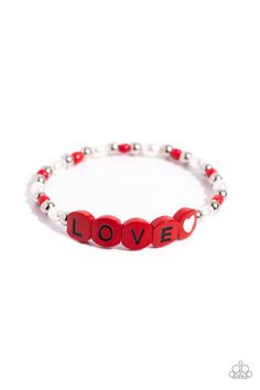 Infused on an elastic stretchy band, white pearls, red seed beads, silver studs, and red beads spelling out the word "LOVE" with a white heart bead aside it wraps around the wrist for a sentimental, youthful display.

 Sold as one individual bracelet. Charming Bracelet, Multi Ring, Bead Making, Word Love, Purple Necklace, Red Beads, Pink Bubbles, Love Language, Red Bracelets