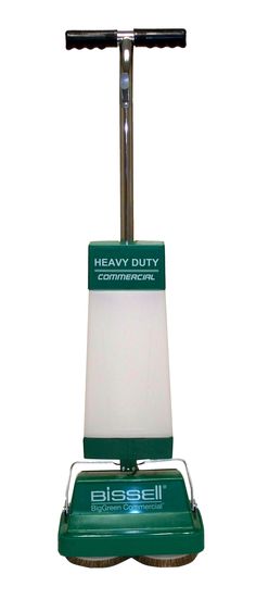 the heavy duty floor scruber is green and white