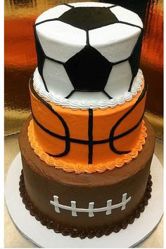 a three tiered cake with a soccer ball on top