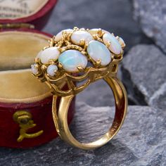 This statement ring is adorned with oval and round cut opal cabochons in a circular design. Between the stones are curved twists of gold. The ring is crafted in 14k yellow gold and is currently a size 7. Please note that two of the opal cabochons are chipped. Elegant Ethiopian Opal Ring With Oval Cabochon, Elegant Ethiopian Opal Ring, Hallmarked, Elegant Hallmarked Ethiopian Opal Ring, Elegant Ethiopian Opal Ring In Oval Cabochon, Elegant Ethiopian Opal Ring Oval Cabochon, Elegant Ethiopian Opal Ring, Oval Cabochon, Elegant Ethiopian Opal Cabochon Rings, Elegant Ethiopian Opal Oval Rings, Antique Multi-stone Yellow Gold Opal Ring