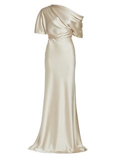 Cream Pre-draped Evening Dress, Silk Pre-draped Wedding Dress, Pre-draped Silk Wedding Dress, Classic Silk Evening Gown, Elegant Cream Evening Dress, Chic Silk Evening Dress For Wedding, Classic Silk Evening Dress For Weddings, Luxury White Evening Maxi Dress, White Silk Maxi Dress For Evening