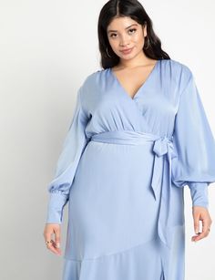 Satin Maxi Dress | Eloquii Chiffon Dress Plus Size, Skirt With Flounce, Blue Chiffon Dress, Plus Size Satin, Blue Chiffon Dresses, Church Attire, Strong Shoulders, Satin Maxi, Satin Maxi Dress