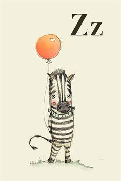 a drawing of a zebra with a balloon attached to it's neck and the letter zzz above its head