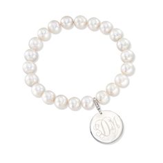 8-8.5mm Cultured Pearl Bracelet with Sterling Silver Personalized Disc Charm | Ross-Simons Pearl Bracelet Silver, Personalized Charm Necklace, Cultured Pearl Bracelet, Sterling Silver Name Necklace, Pearl Birthstone, Silver Monogram, Initial Pendant Necklace, Monogram Necklace, Fine Jewelry Bracelets