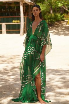 Secret Garden Dress - Summer Vacation ‘24 | Johanna Ortiz Green Dress Print, Spring Beach Dress, Floor-length And Flowy, Elegant Spring Beach Maxi Dress, Flowy Beachwear Maxi Dress For Brunch, Green Maxi Dress For Summer, Elegant Boho Print Maxi Dress For Festival, Chic Printed Beach Dress, Elegant Green Beach Cover-up Dress, Elegant Floor-length Beach Dress For Spring