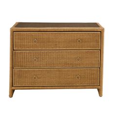 a brown wicker chest with three drawers and one drawer on the bottom, against a white background